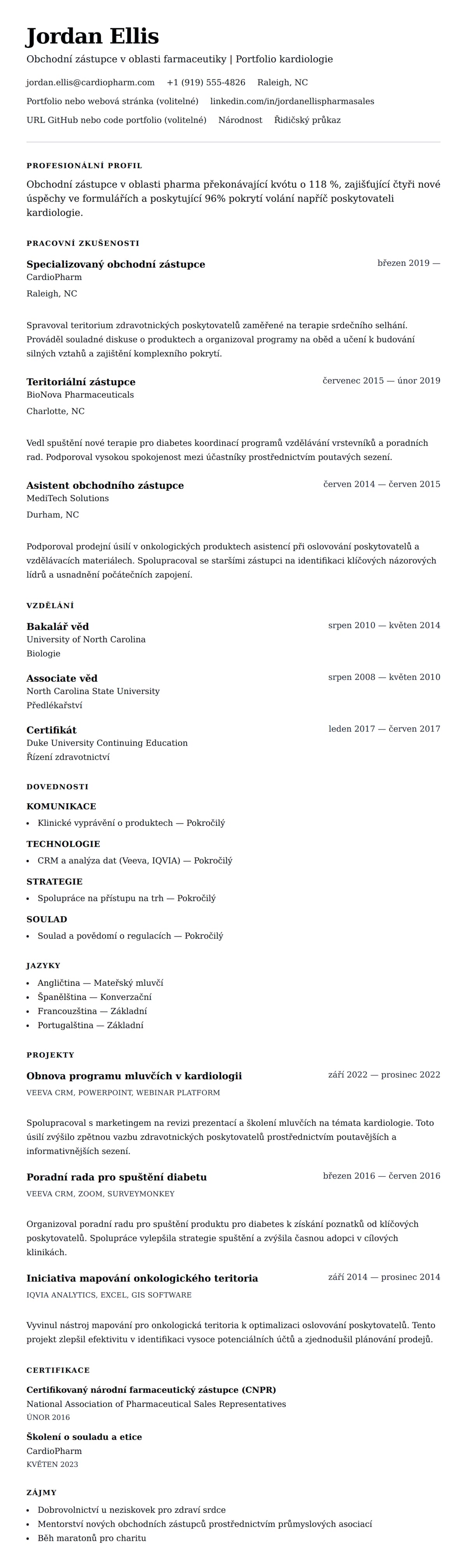 Náhled životopisu pro Příklad životopisu obchodního zástupce v oblasti farmaceutiky