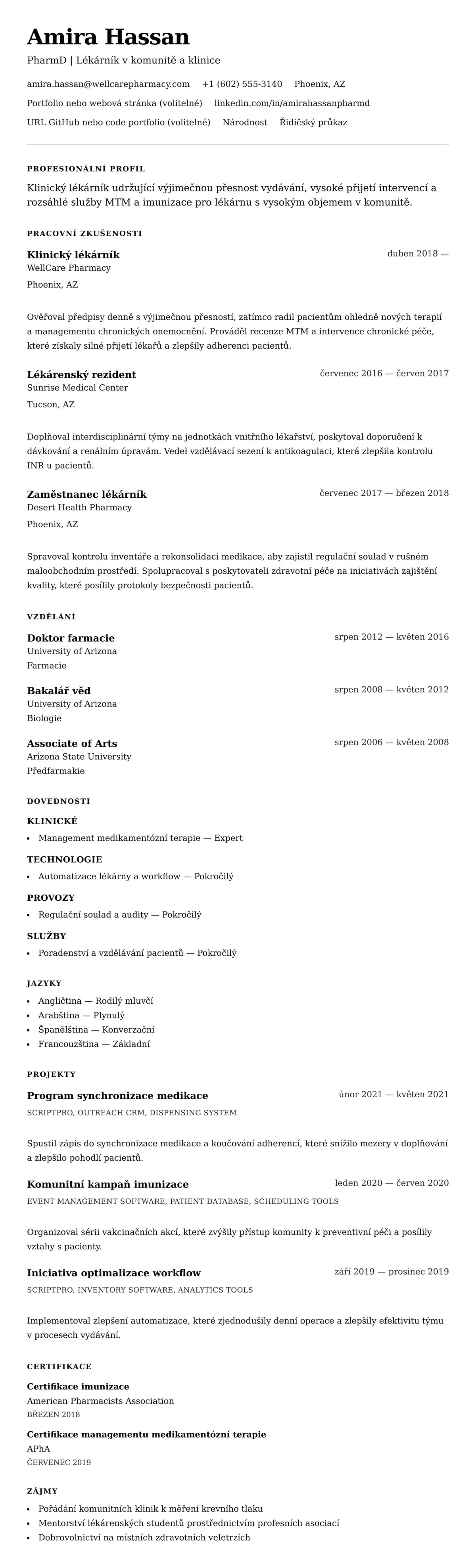 Náhled životopisu pro Příklad životopisu lékárníka