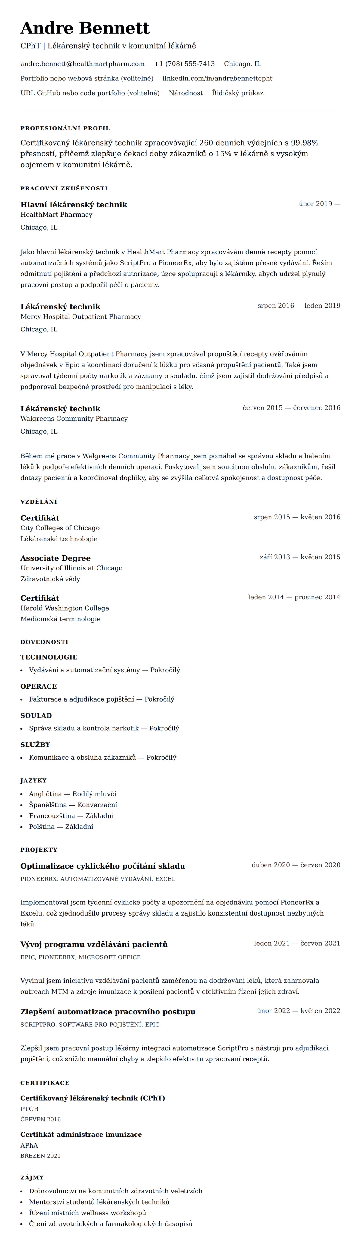 Náhled životopisu pro Příklad životopisu lékárenského technika