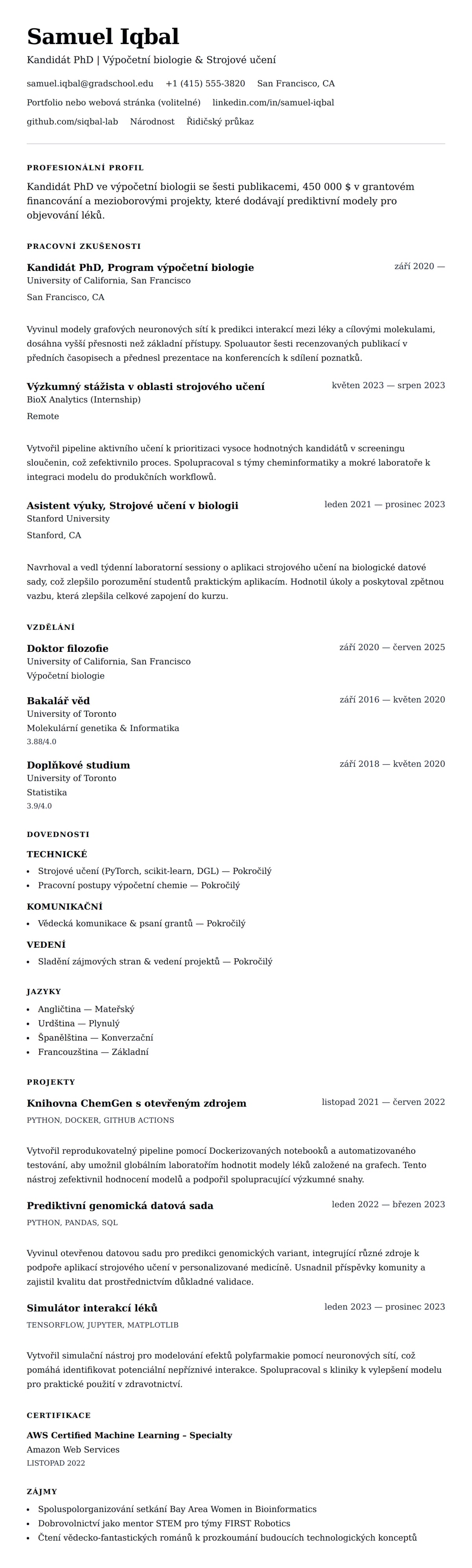 Náhled životopisu pro Příklad životopisu PhD