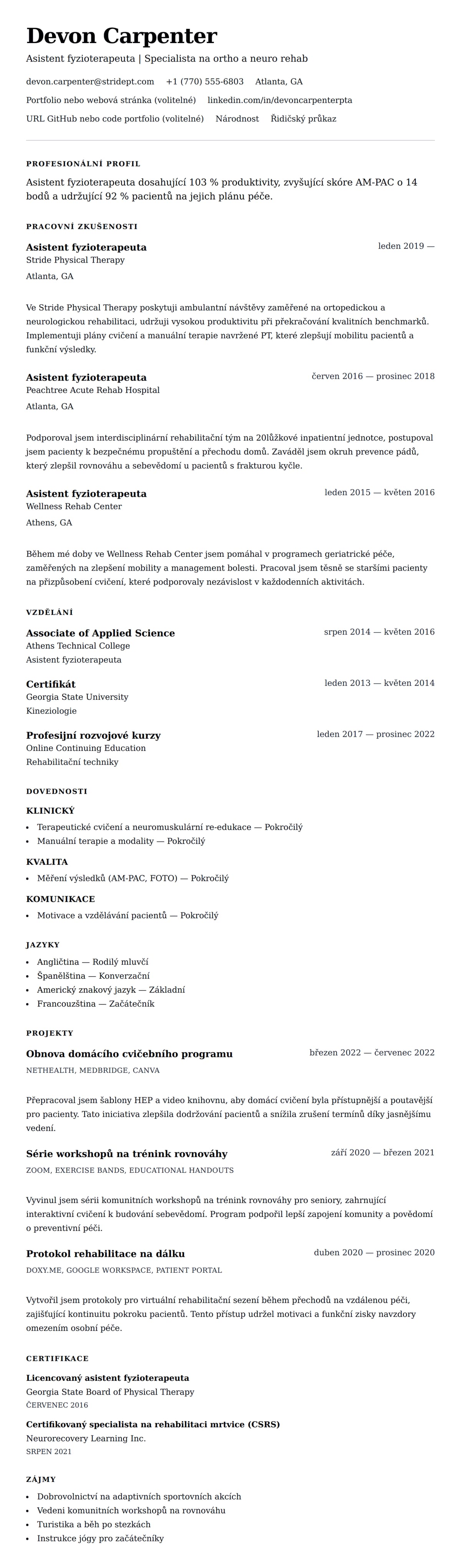 Náhled životopisu pro Příklad životopisu asistenta fyzioterapeuta (PTA)