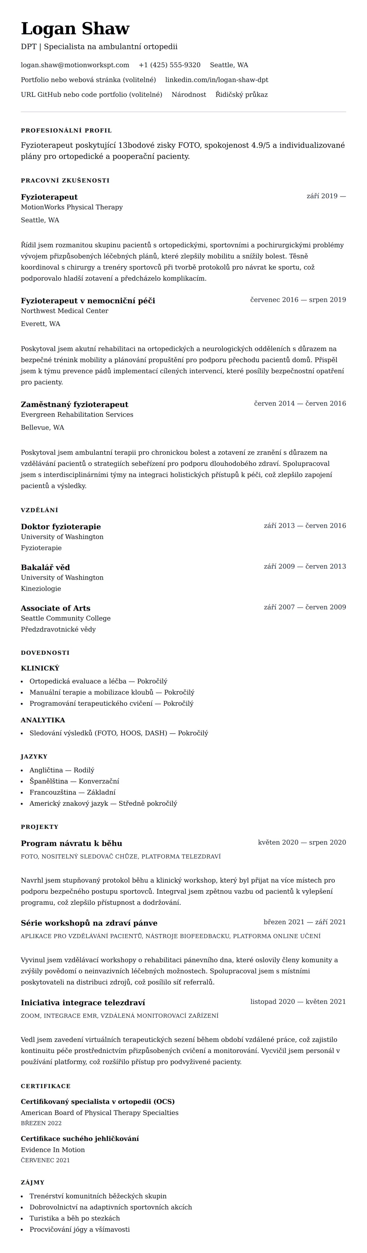 Náhled životopisu pro Příklad životopisu fyzioterapeuta