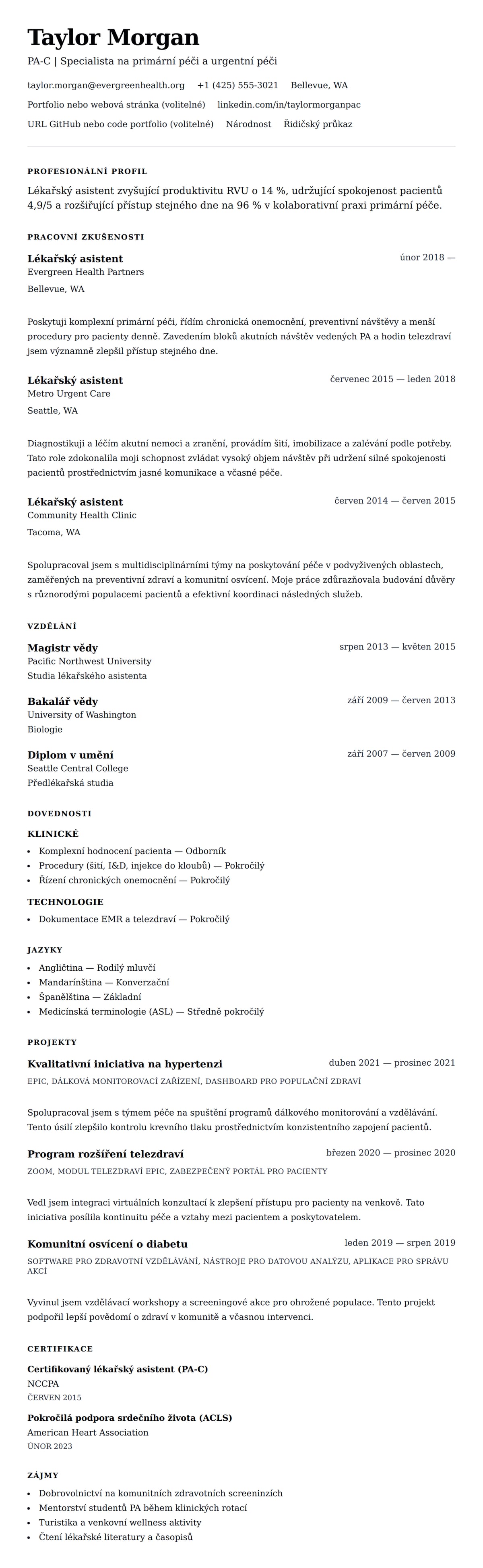 Náhled životopisu pro Příklad životopisu lékařského asistenta