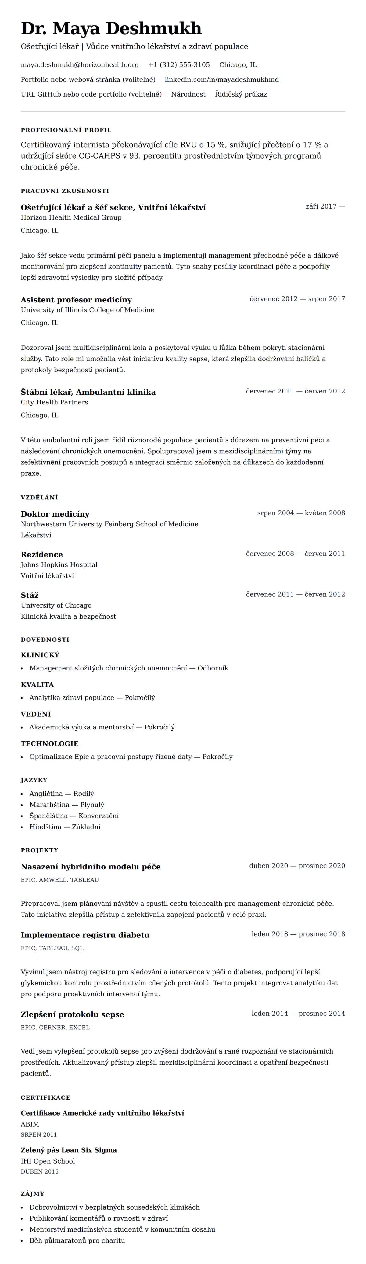 Náhled životopisu pro Příklad životopisu lékaře