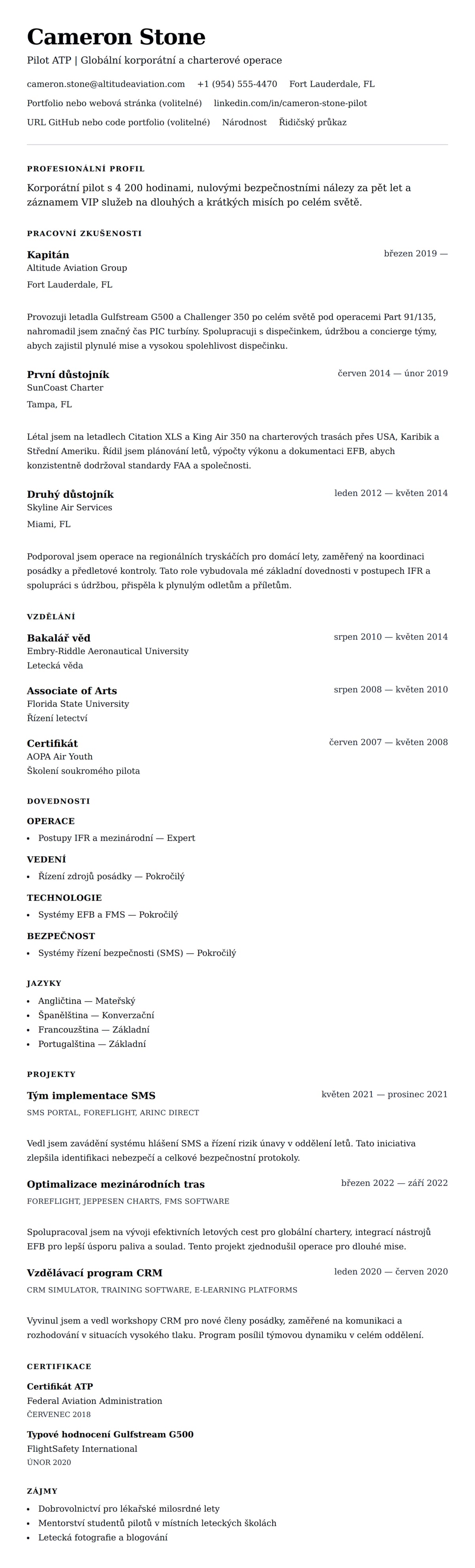 Náhled životopisu pro Příklad životopisu pilota