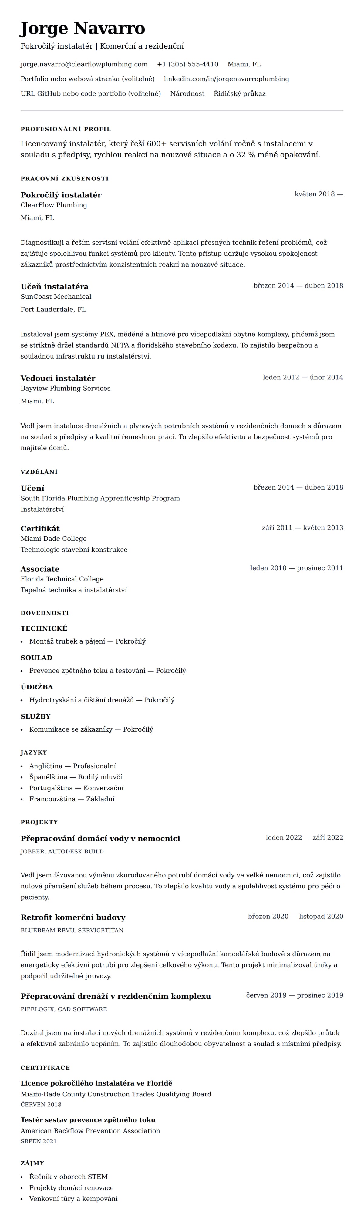 Náhled životopisu pro Příklad životopisu instalatéra