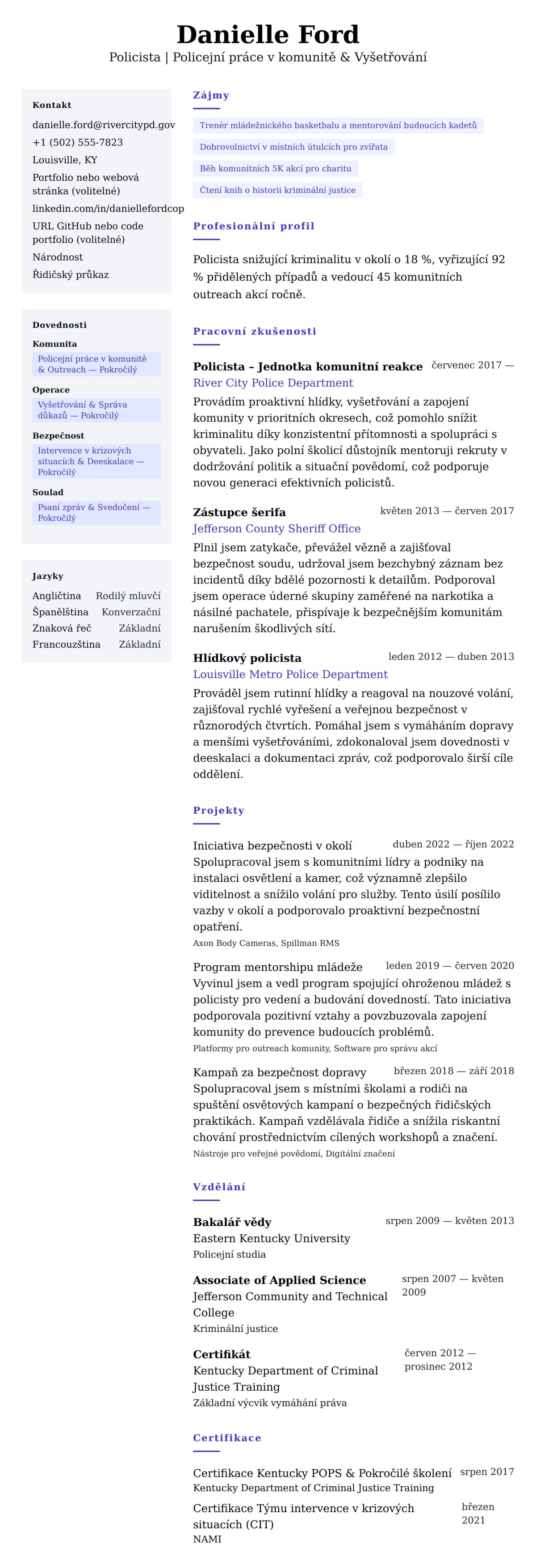 Náhled životopisu pro Příklad životopisu policisty