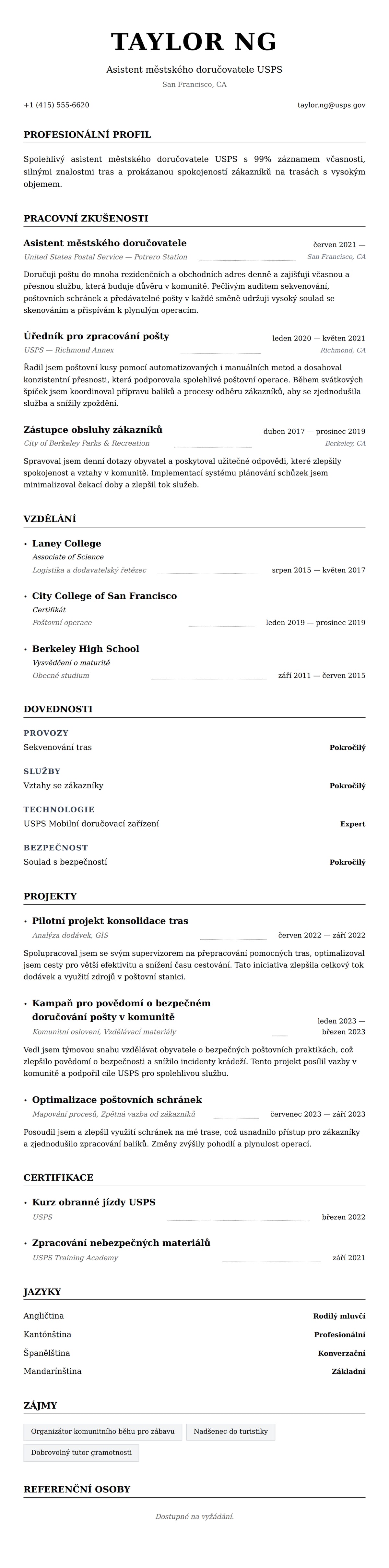 Náhled životopisu pro Příklad životopisu pracovníka poštovních služeb