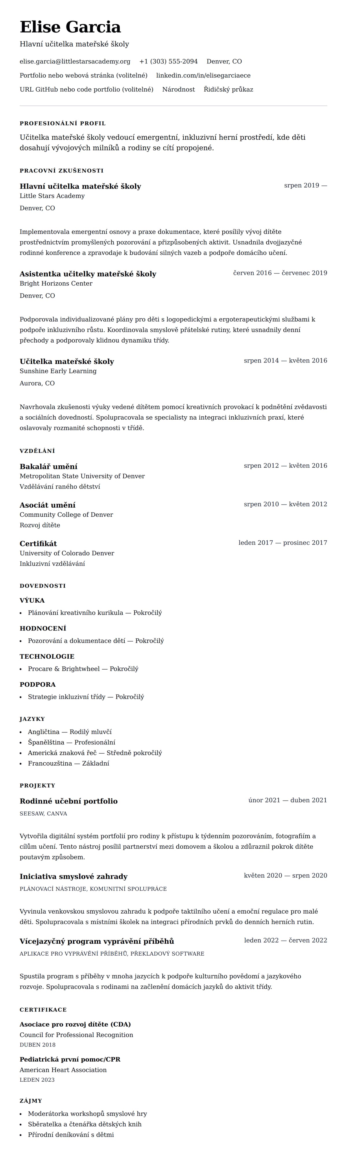 Náhled životopisu pro Příklad životopisu učitelky mateřské školy