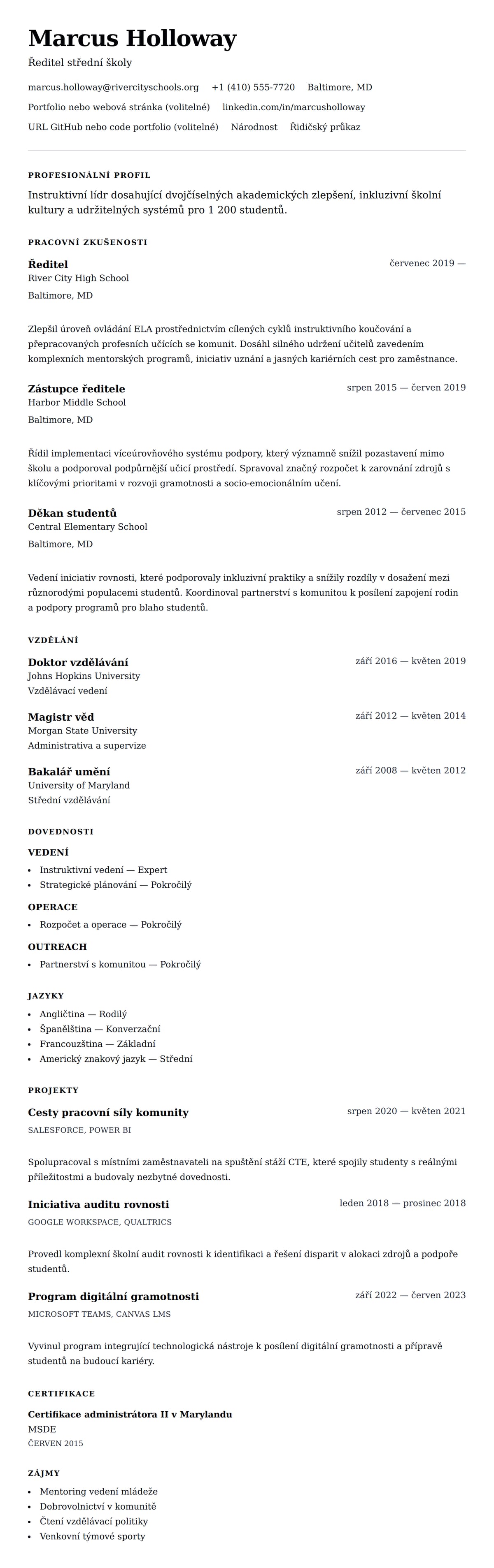 Náhled životopisu pro Příklad životopisu ředitele