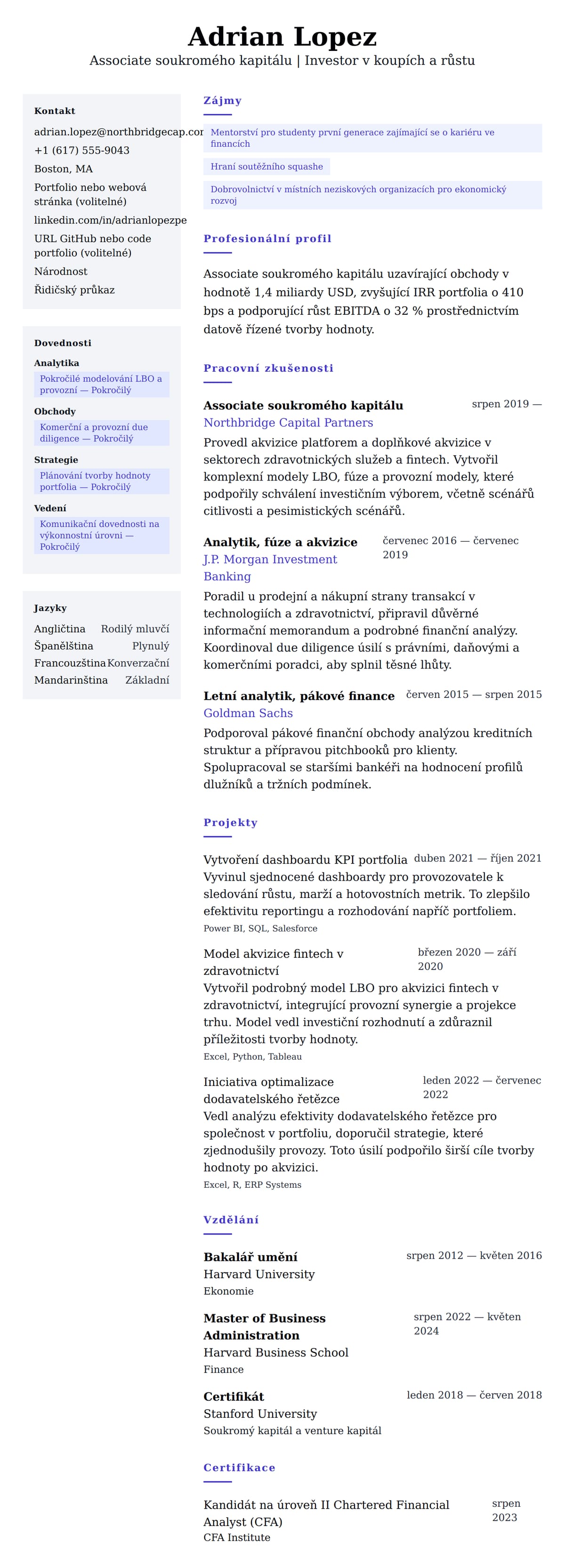 Náhled životopisu pro Příklad životopisu Associate soukromého kapitálu