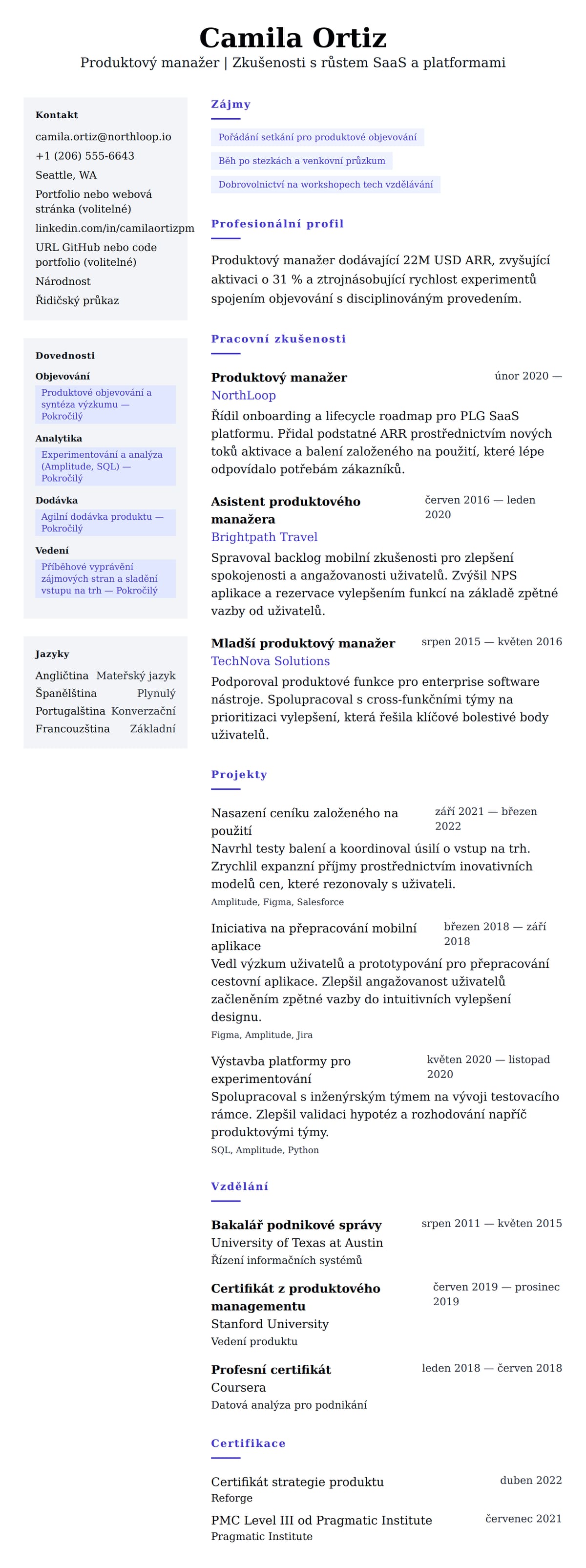 Náhled životopisu pro Příklad životopisu Produktového manažera