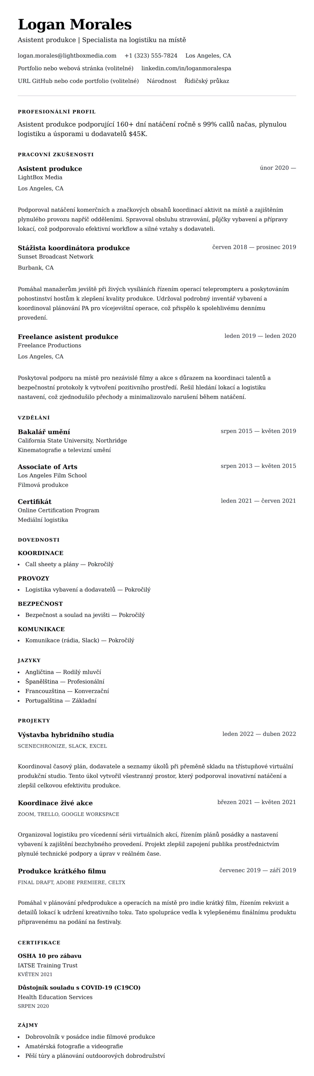 Náhled životopisu pro Příklad životopisu pro asistenta produkce