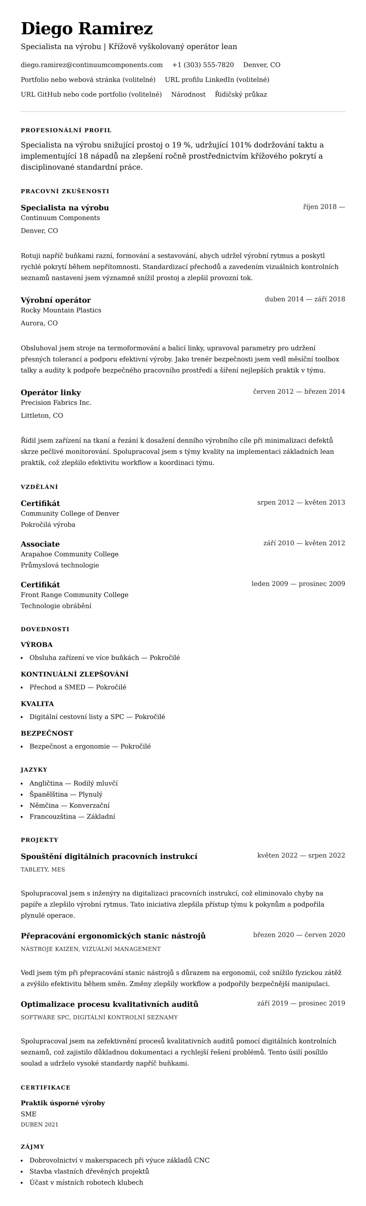 Náhled životopisu pro Příklad životopisu specialisty na výrobu