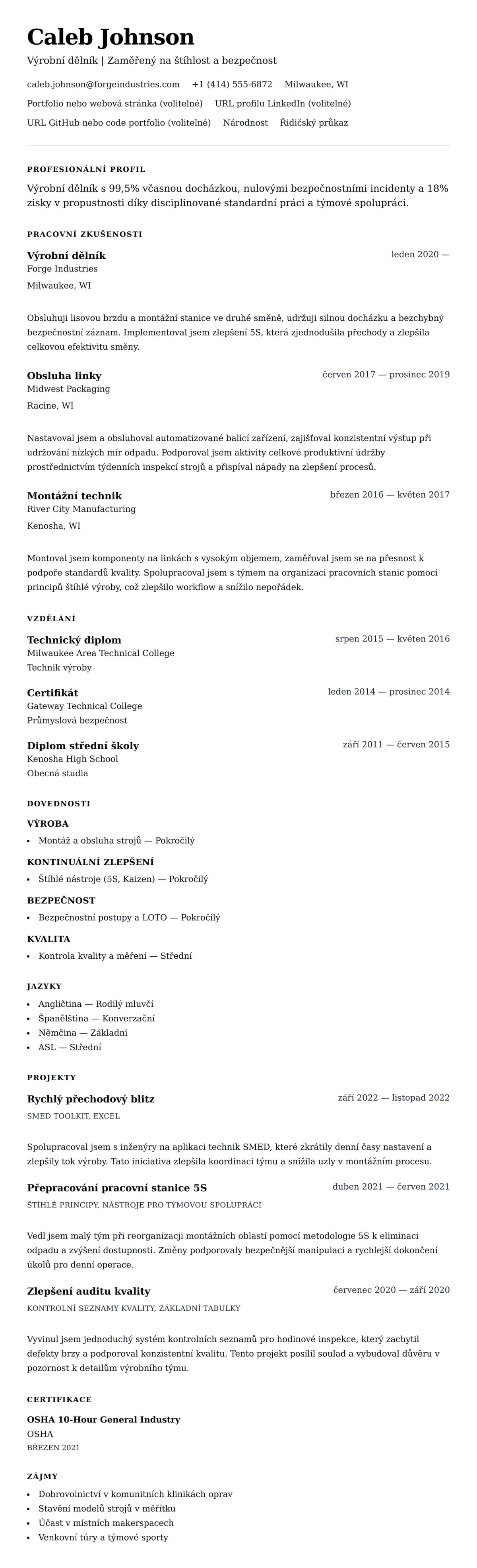 Náhled životopisu pro Příklad životopisu pro výrobního dělníka