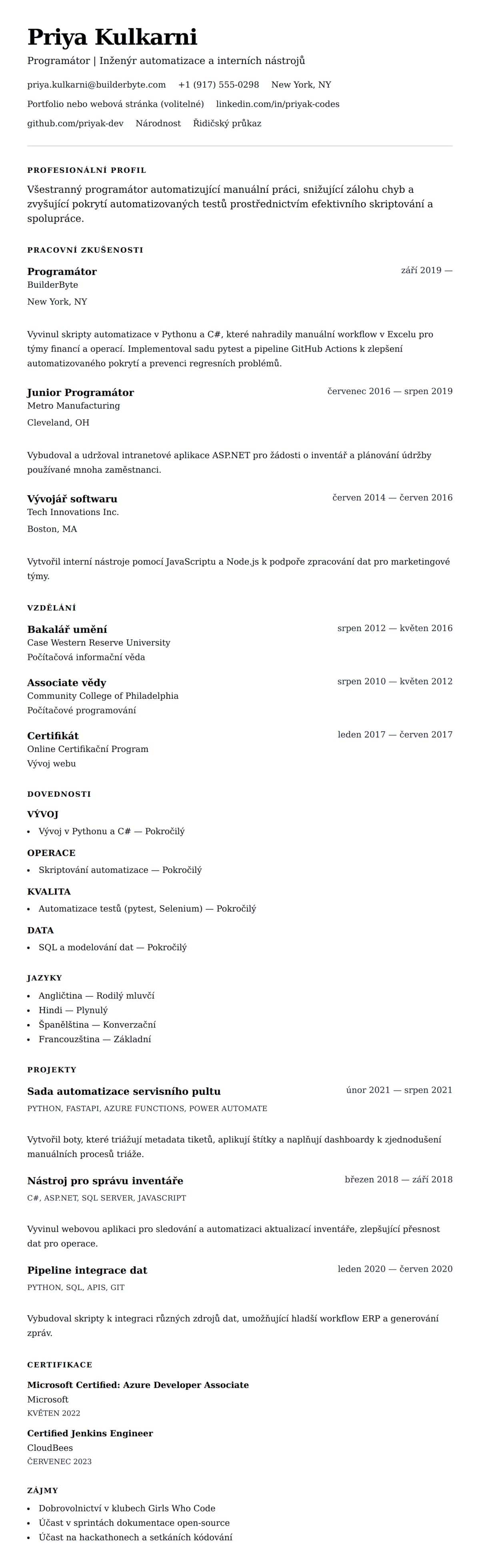 Náhled životopisu pro Příklad životopisu programátora