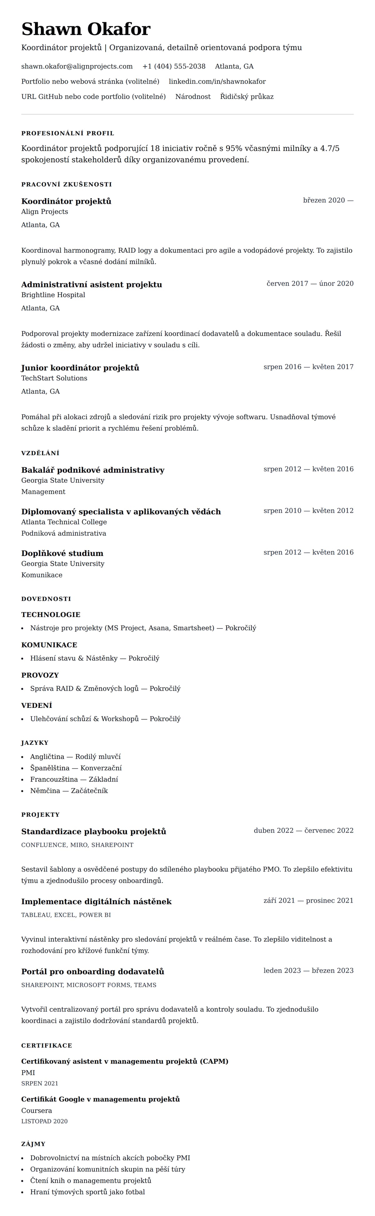 Náhled životopisu pro Příklad životopisu koordinátora projektů