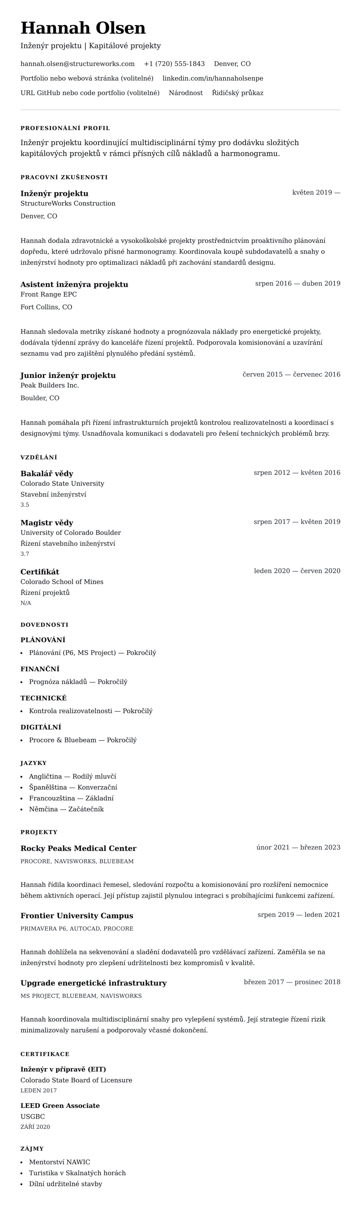 Náhled životopisu pro Příklad životopisu inženýra projektu