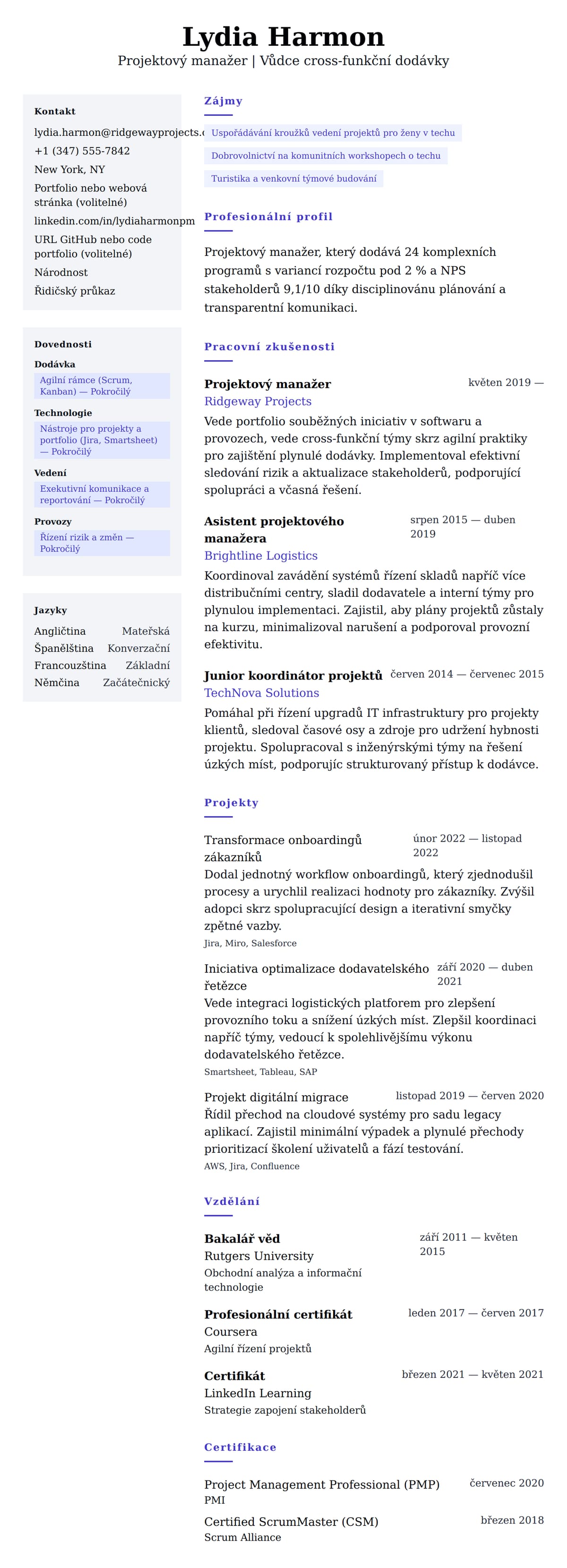 Náhled životopisu pro Příklad životopisu projektového manažera
