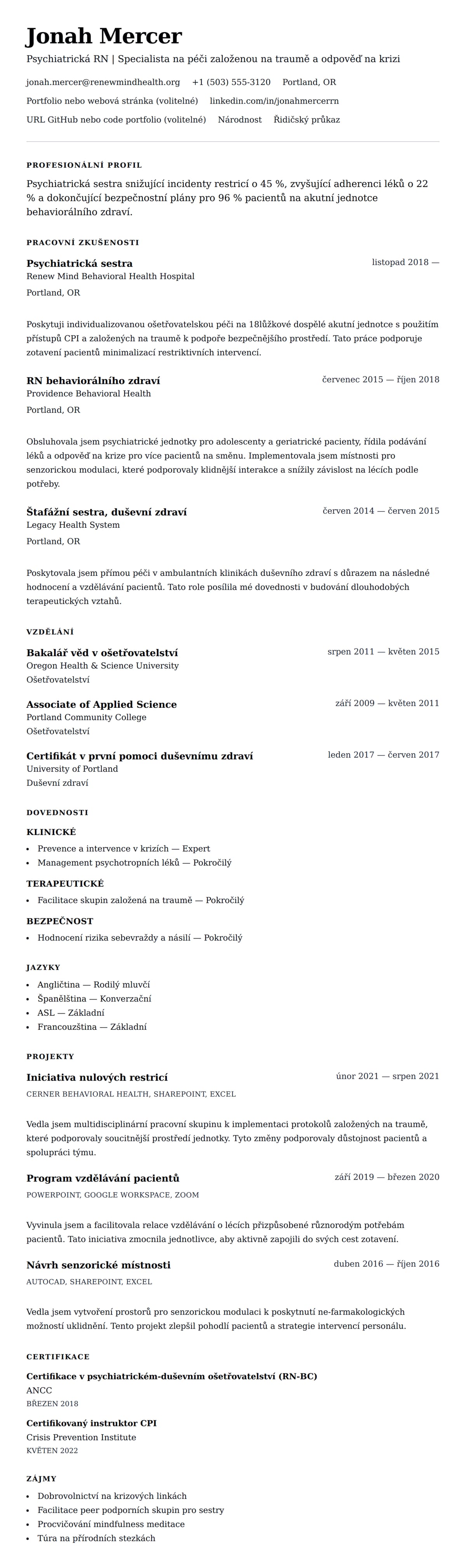 Náhled životopisu pro Příklad životopisu psychiatrické sestry