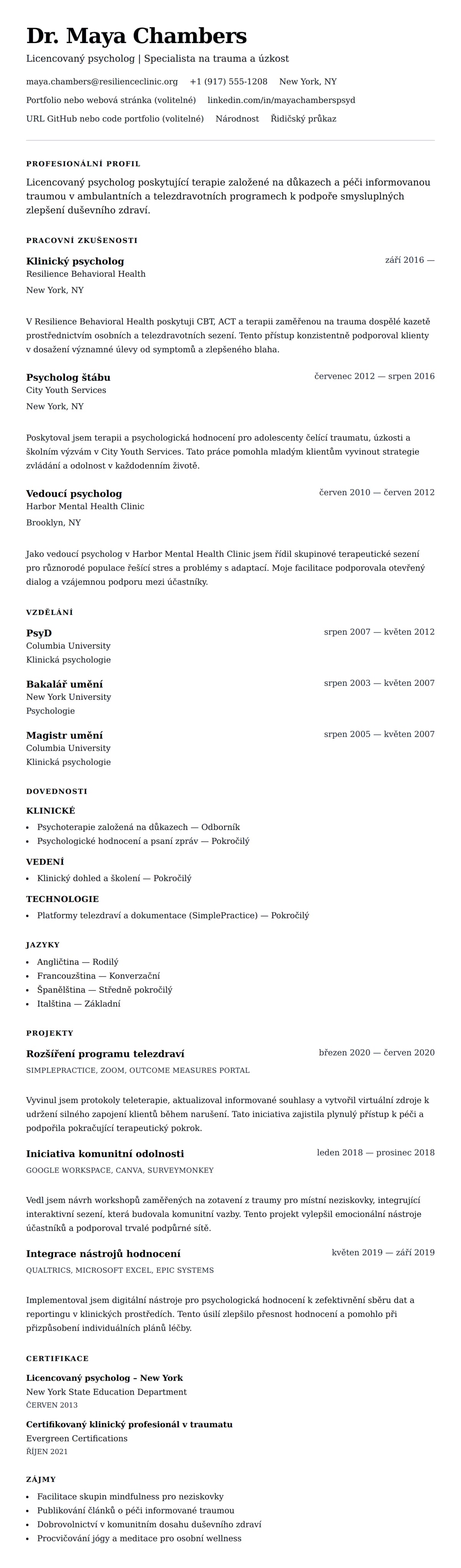 Náhled životopisu pro Příklad životopisu psychologa