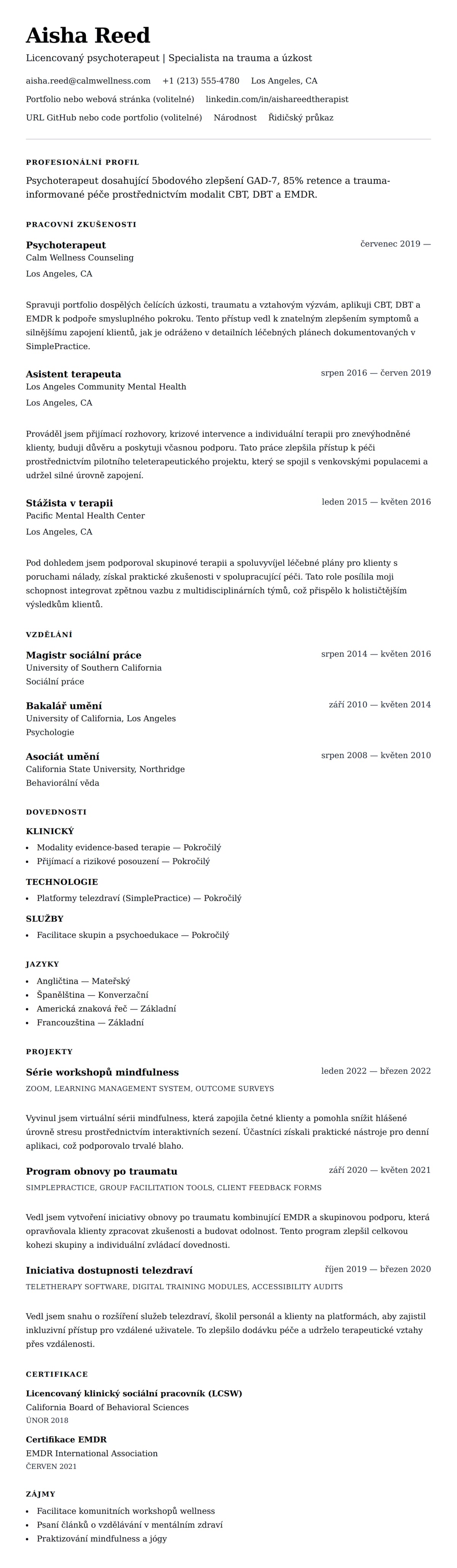 Náhled životopisu pro Příklad životopisu psychoterapeuta