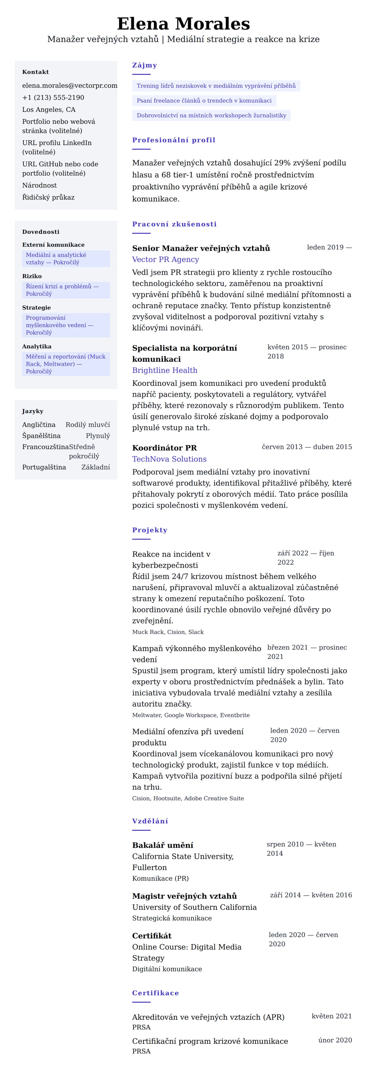 Náhled životopisu pro Příklad životopisu Manažera veřejných vztahů