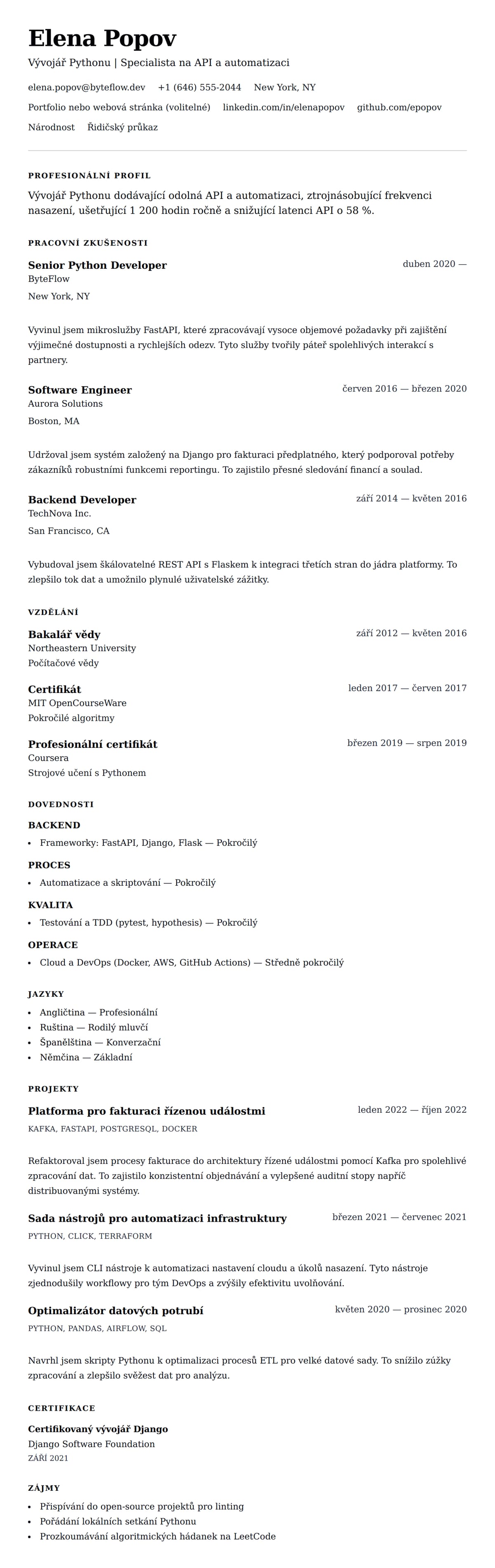 Náhled životopisu pro Příklad životopisu vývojáře Pythonu