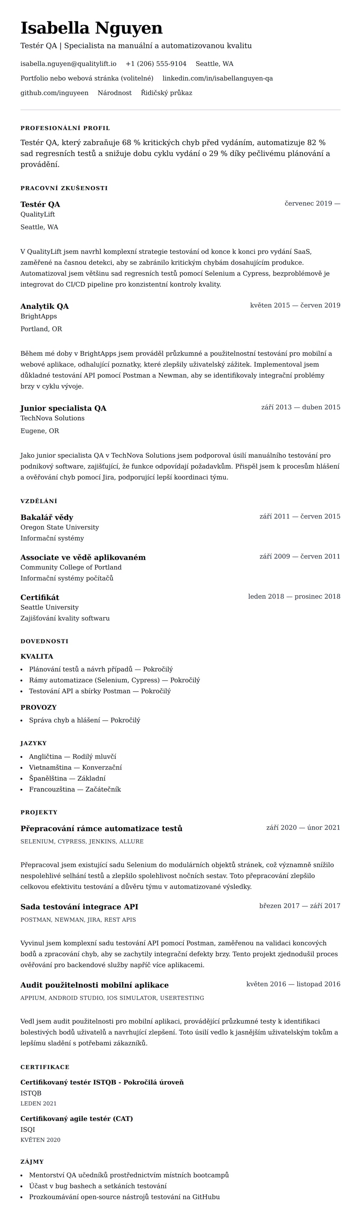Náhled životopisu pro Příklad životopisu pro testéra kvality