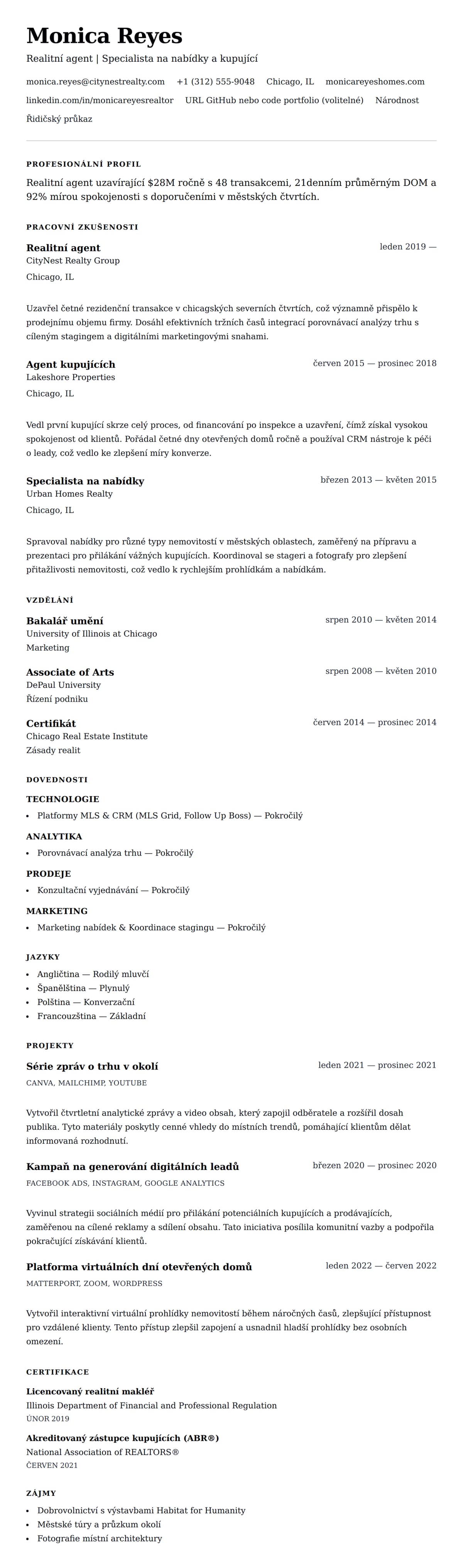 Náhled životopisu pro Příklad životopisu realitního agenta
