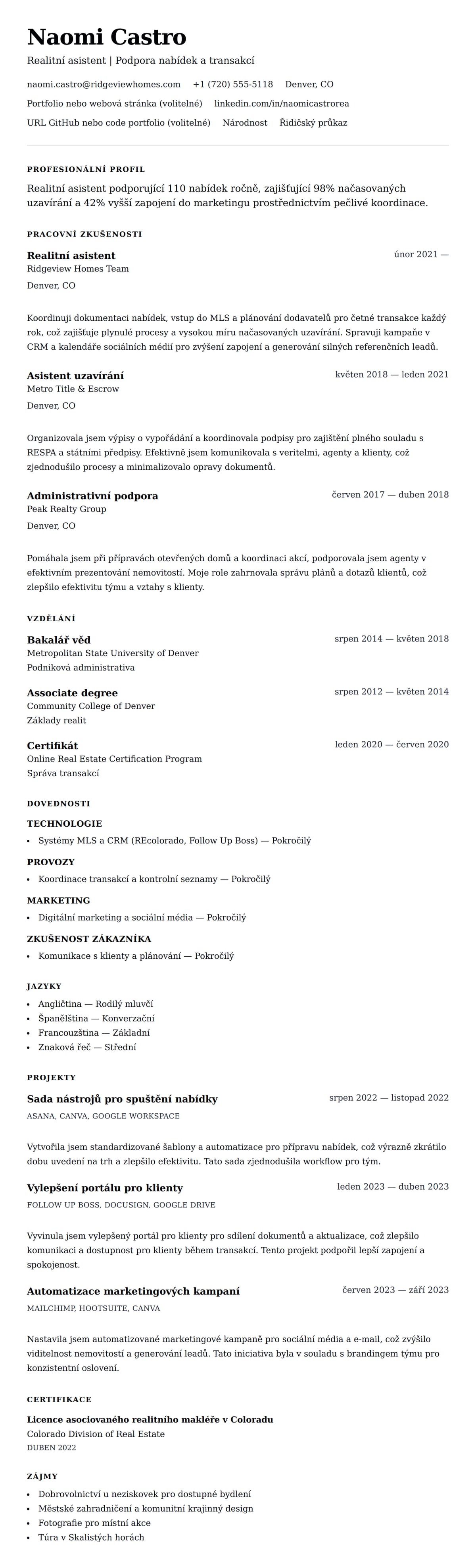 Náhled životopisu pro Příklad životopisu realitního asistenta