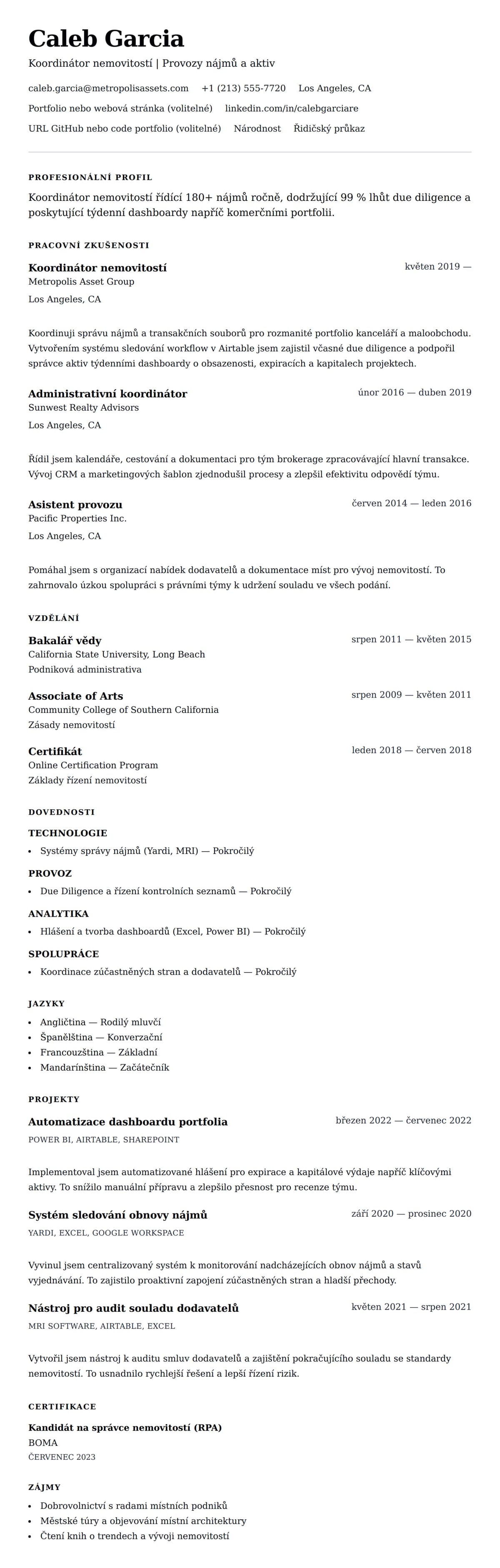Náhled životopisu pro Příklad životopisu koordinátora nemovitostí