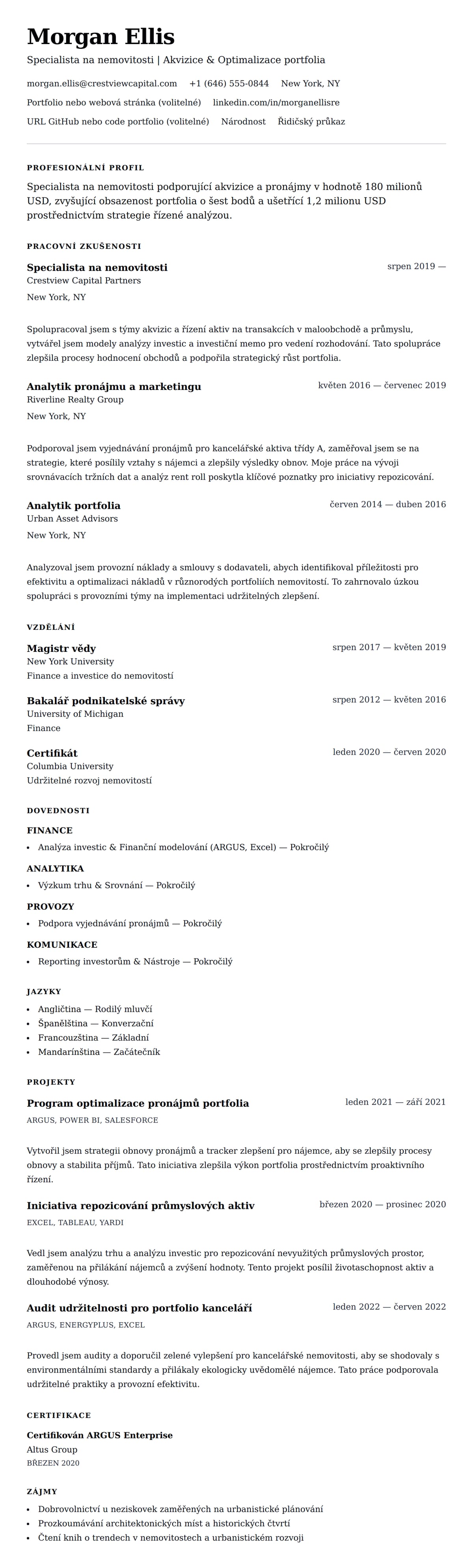 Náhled životopisu pro Příklad životopisu specialisty na nemovitosti