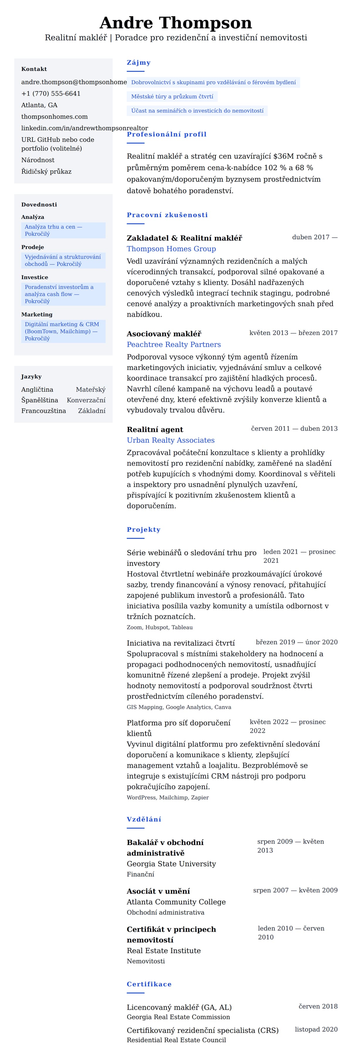 Náhled životopisu pro Příklad životopisu realitního makléře