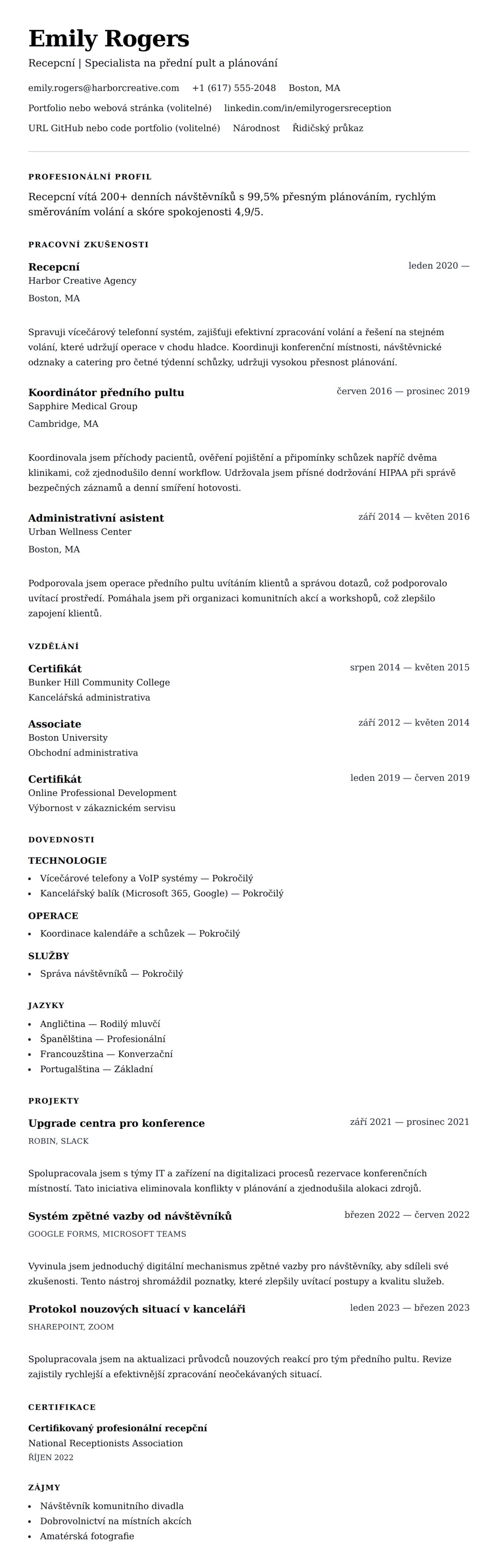 Náhled životopisu pro Příklad životopisu recepční