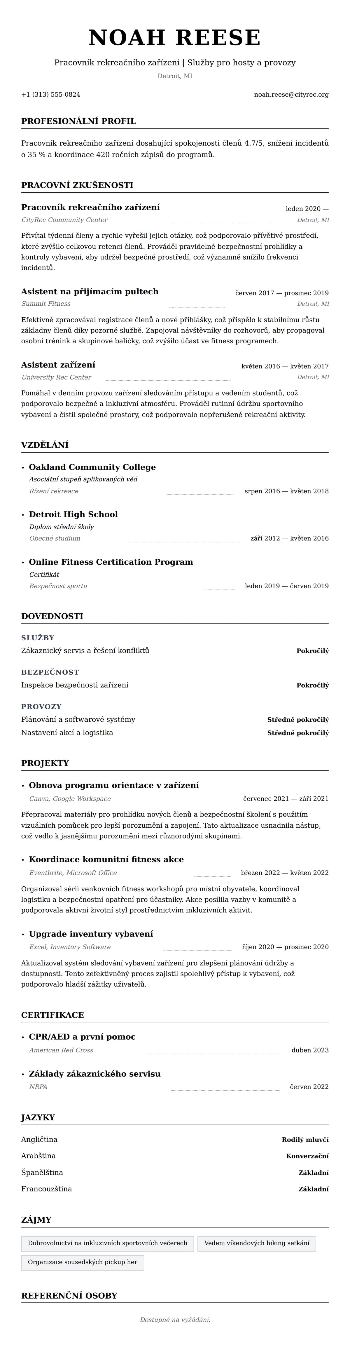 Náhled životopisu pro Příklad životopisu pracovníka rekreačního zařízení