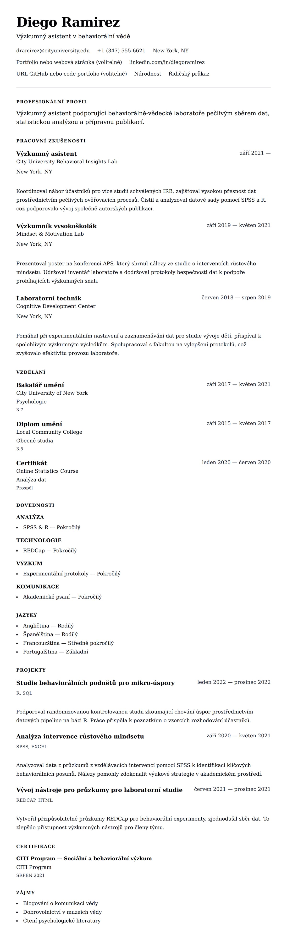 Náhled životopisu pro Příklad životopisu výzkumného asistenta