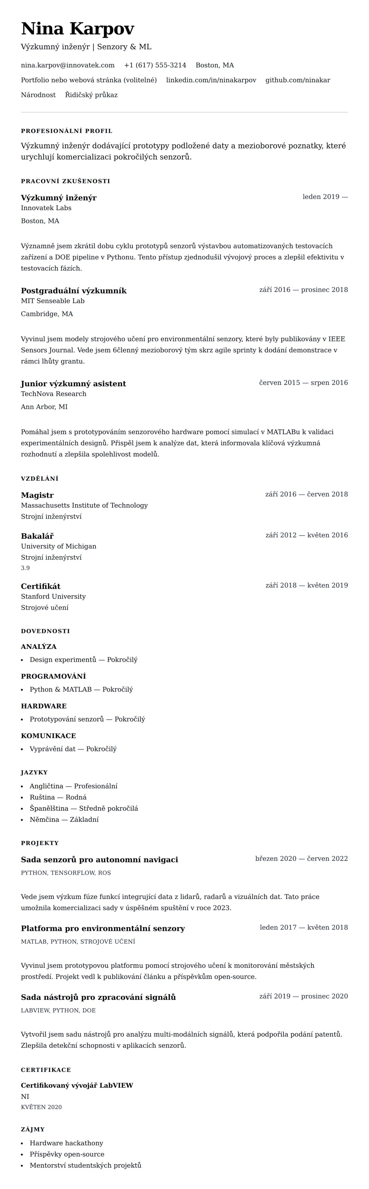 Náhled životopisu pro Příklad životopisu výzkumného inženýra