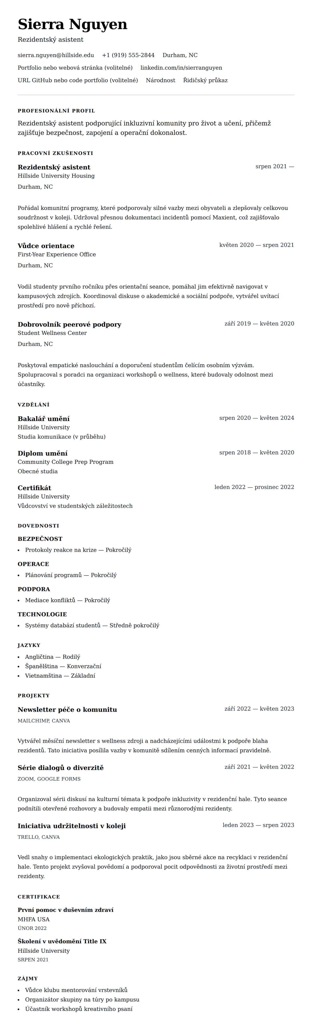 Náhled životopisu pro Příklad životopisu rezidentského asistenta