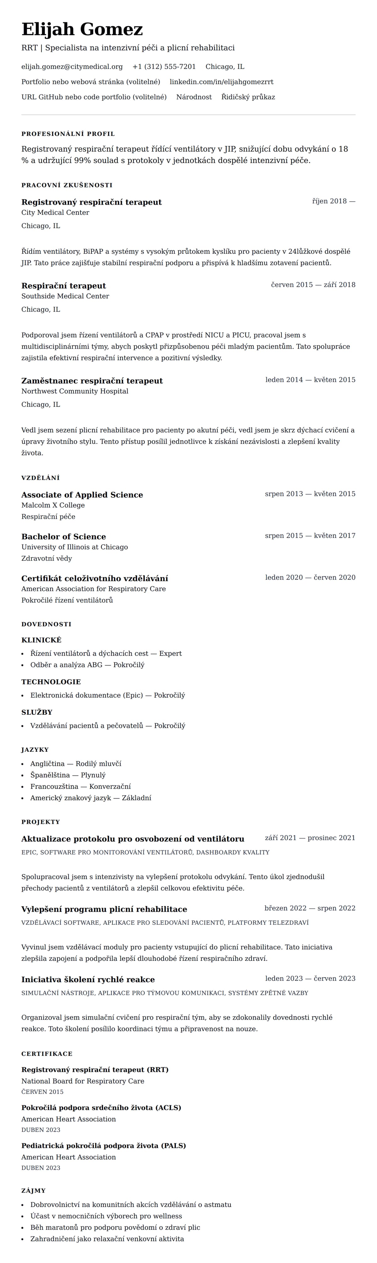 Náhled životopisu pro Příklad životopisu respiračního terapeuta