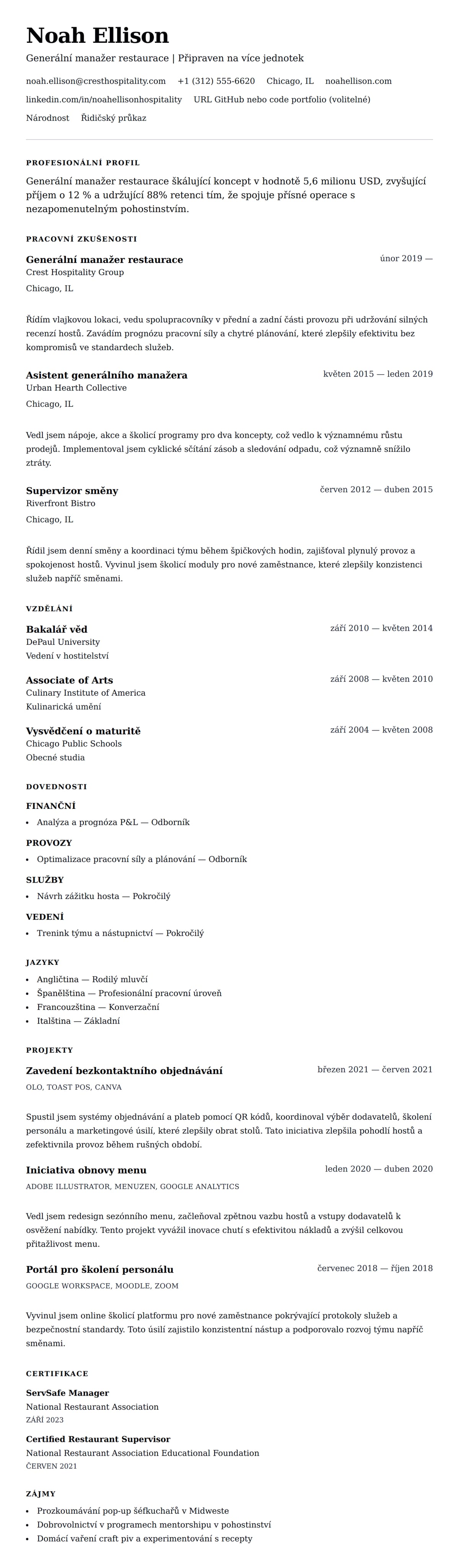 Náhled životopisu pro Příklad životopisu manažera restaurace