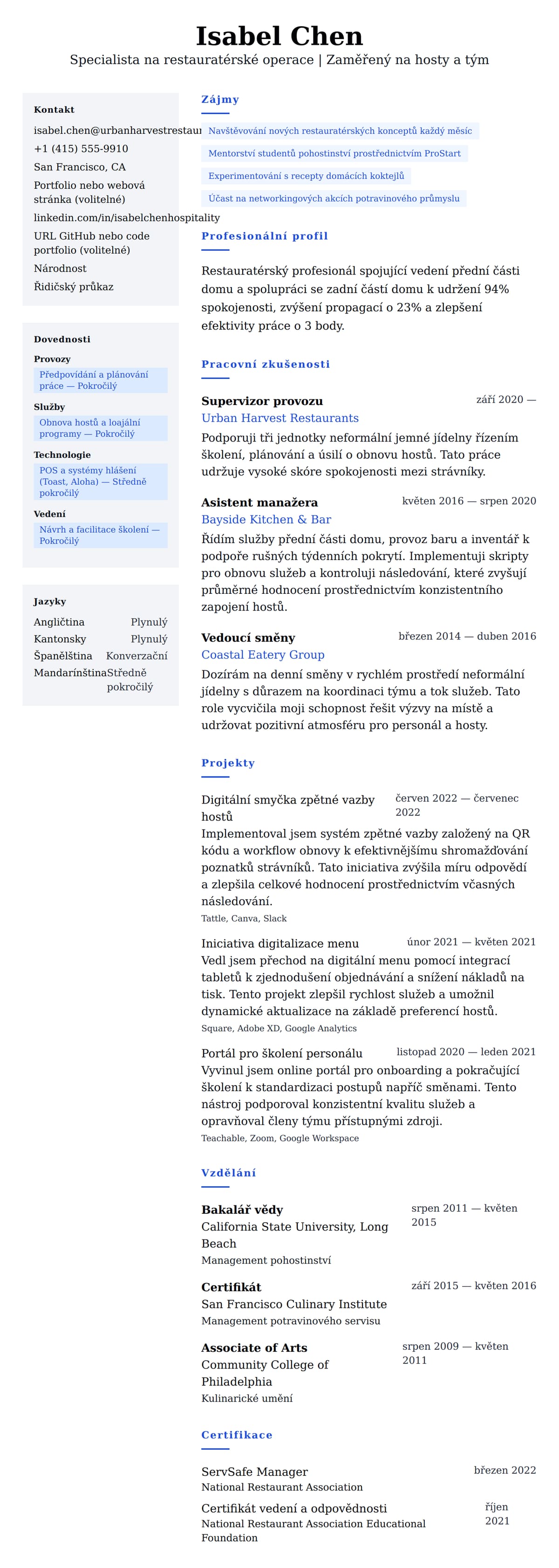 Náhled životopisu pro Příklad životopisu restauratérského profesionála