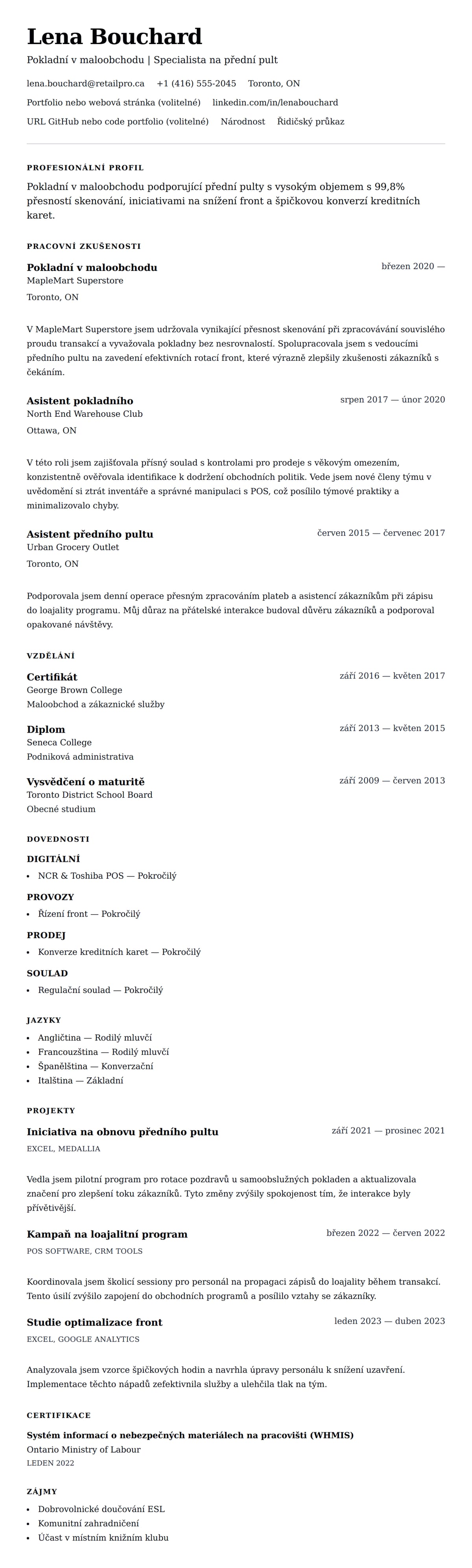 Náhled životopisu pro Příklad životopisu pro pokladního v maloobchodu