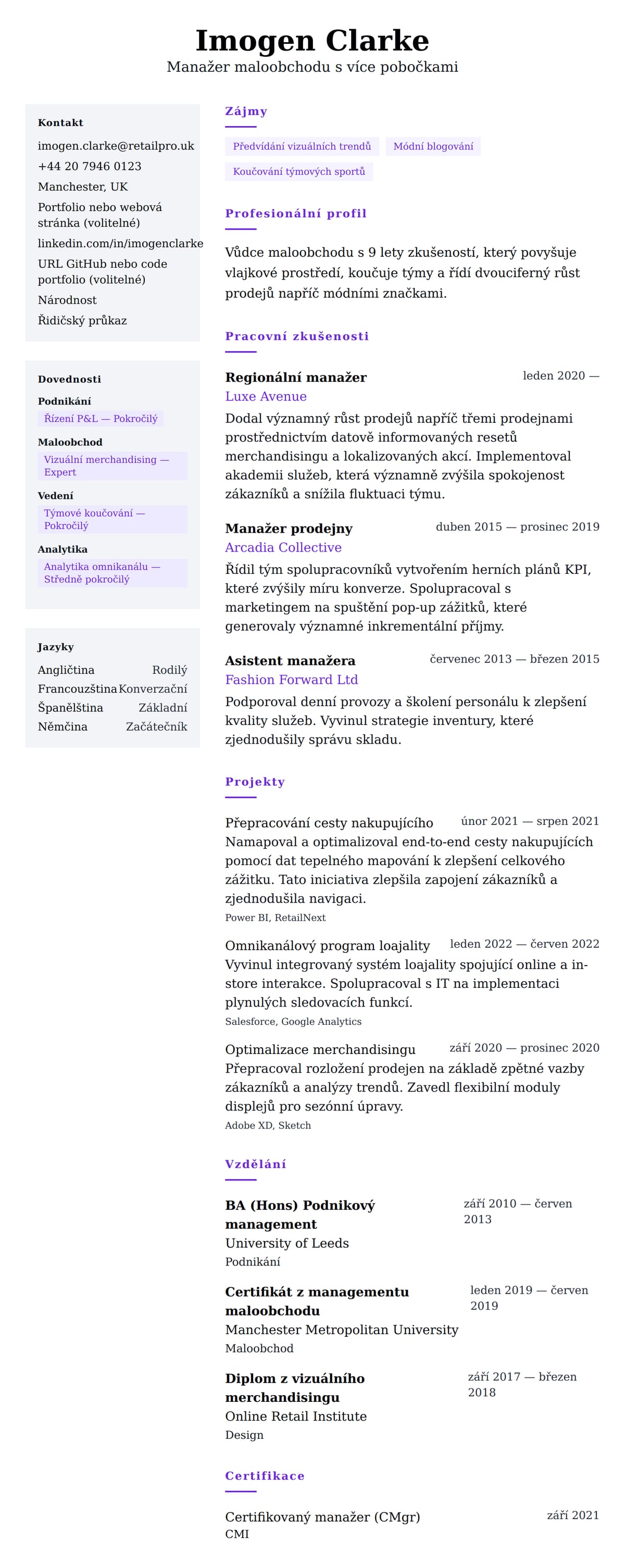 Náhled životopisu pro Příklad životopisu manažera maloobchodu