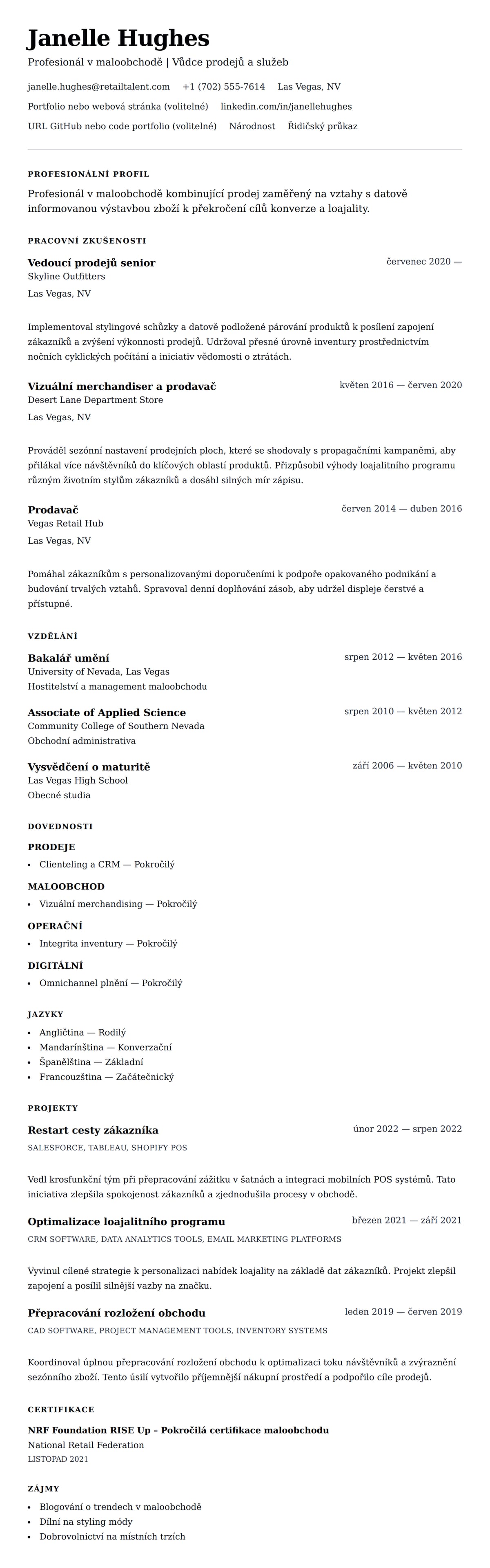 Náhled životopisu pro Příklad životopisu profesionála v maloobchodě