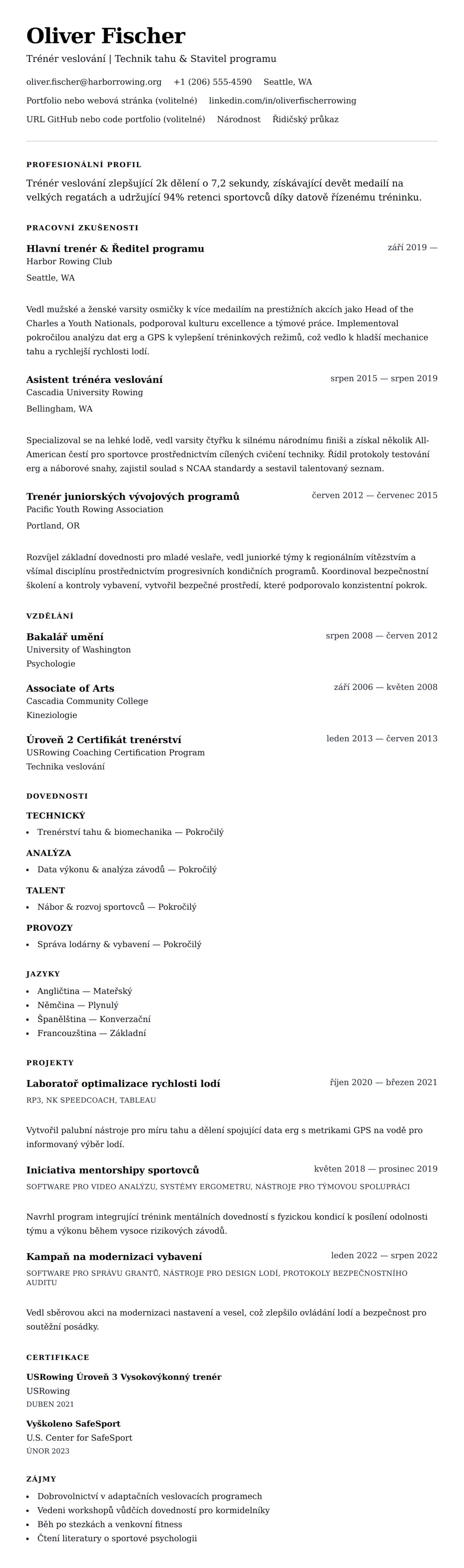 Náhled životopisu pro Příklad životopisu trénéra veslování
