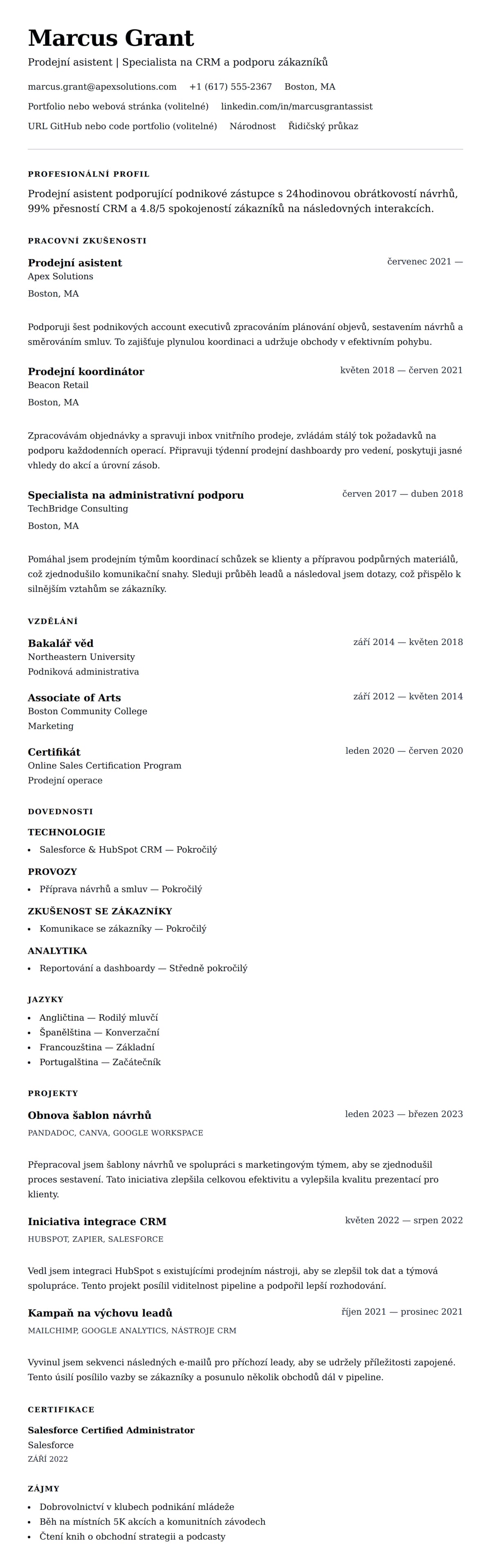 Náhled životopisu pro Příklad životopisu prodejního asistenta