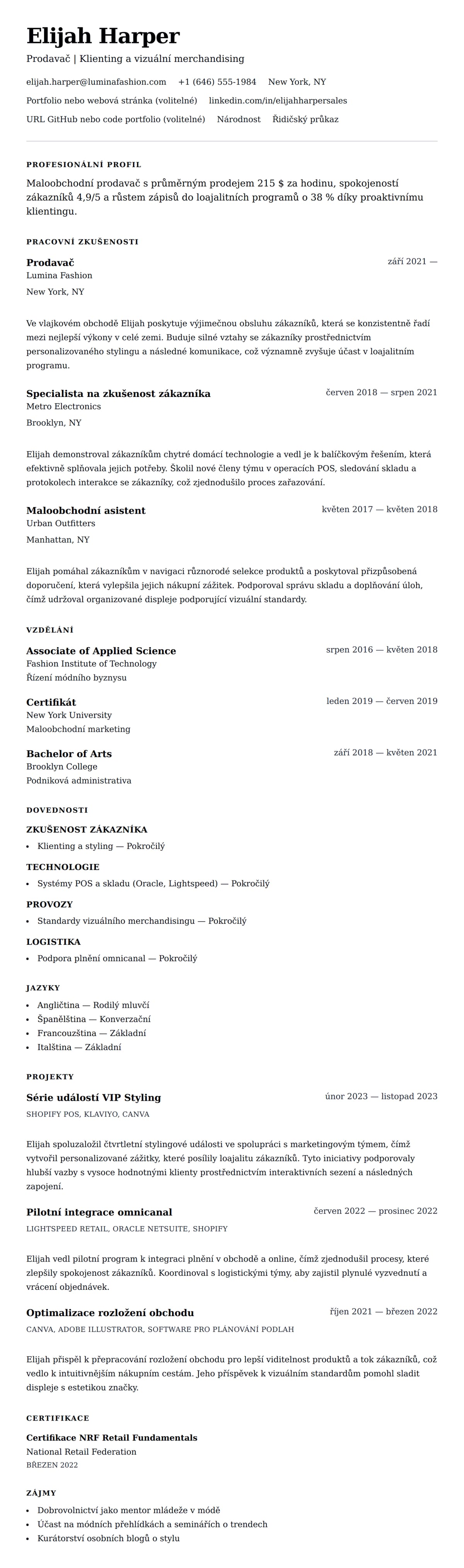 Náhled životopisu pro Příklad životopisu prodavače