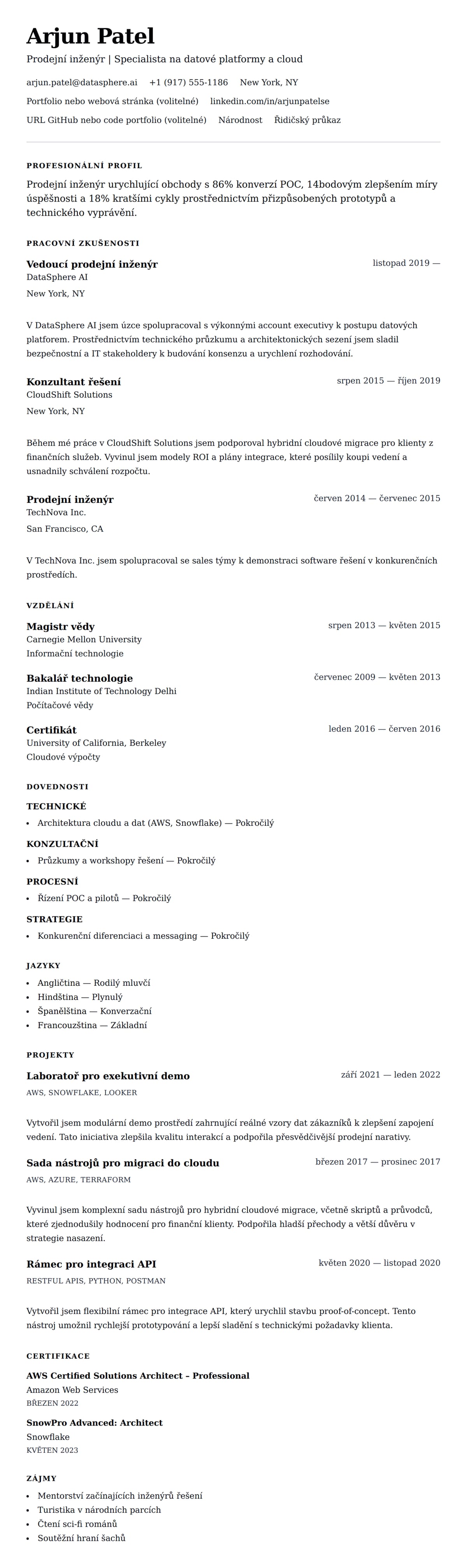 Náhled životopisu pro Příklad životopisu pro prodejního inženýra