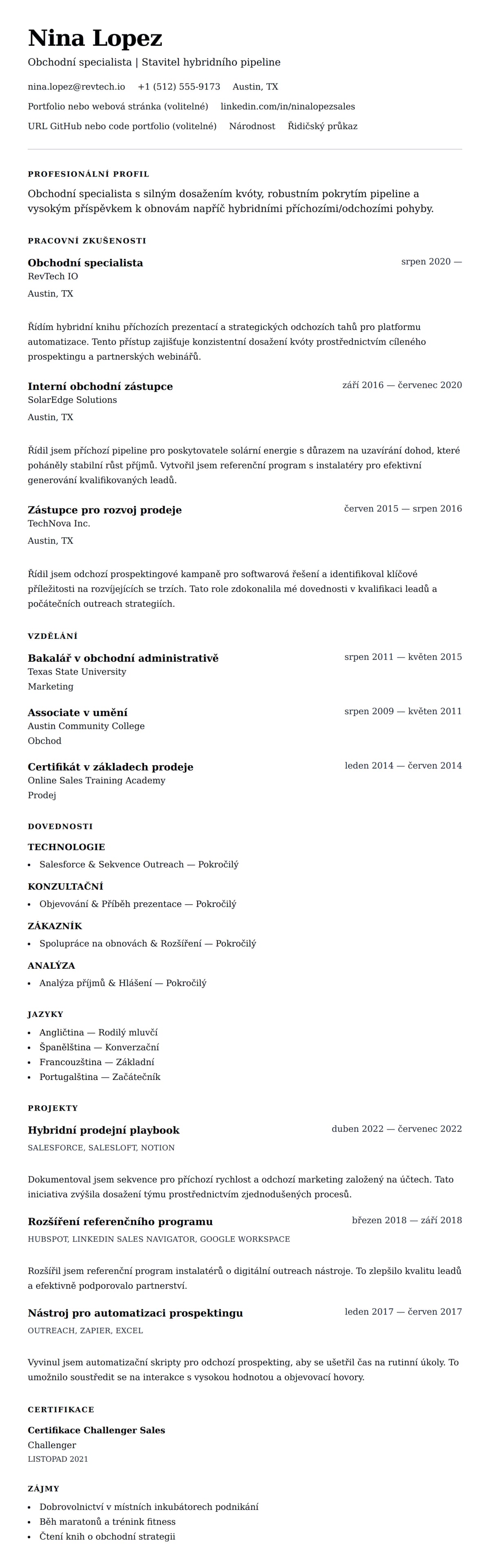 Náhled životopisu pro Příklad životopisu obchodního specialisty